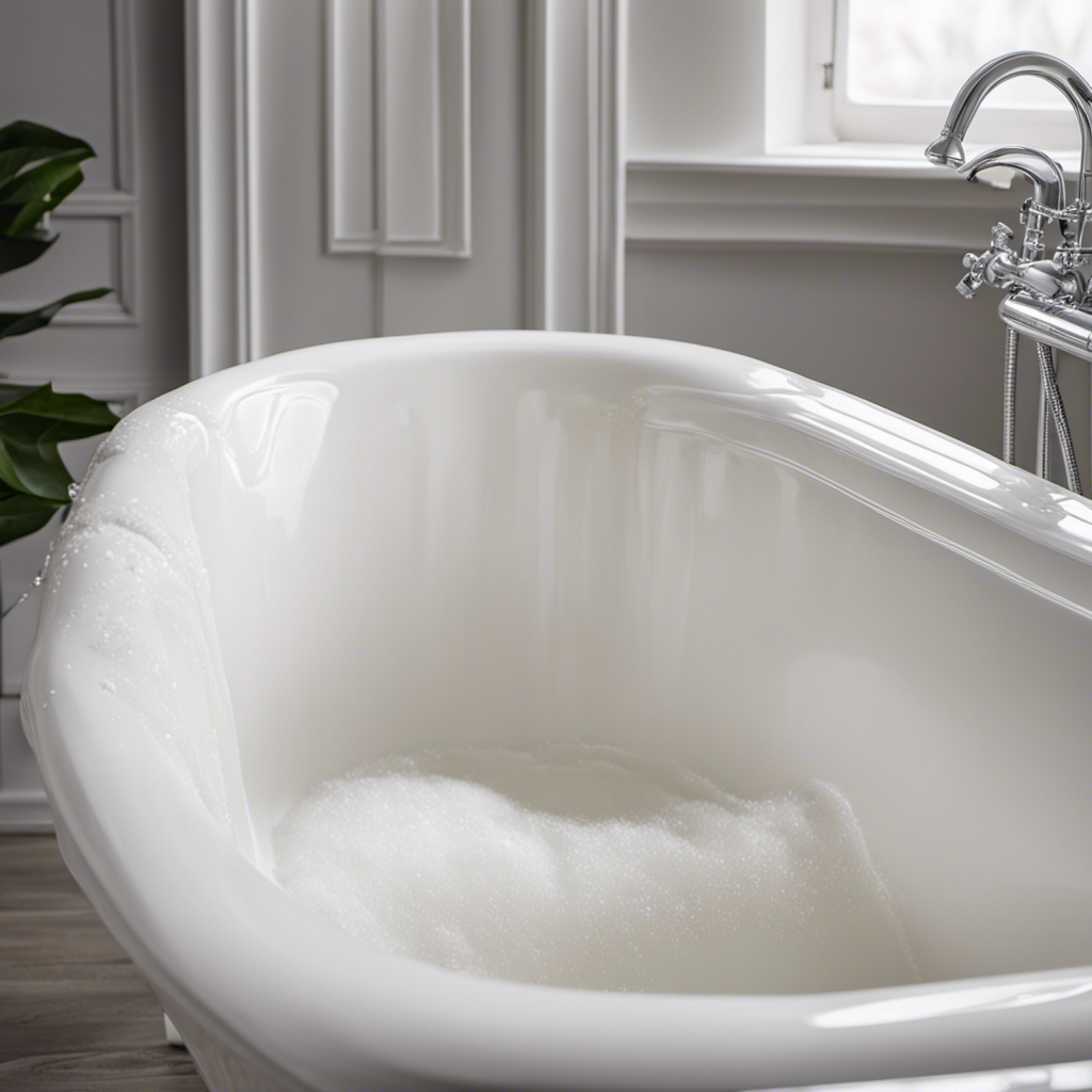 An image showcasing a sparkling white bathtub free from stains, with a close-up view of a gloved hand gently scrubbing away stubborn discoloration using a specialized cleaning solution and a soft bristle brush