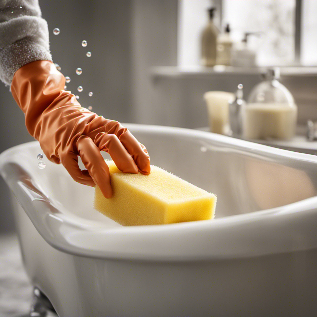 An image depicting a gloved hand gently scrubbing a bathtub's surface with a sponge, as bubbles form around the stains being removed