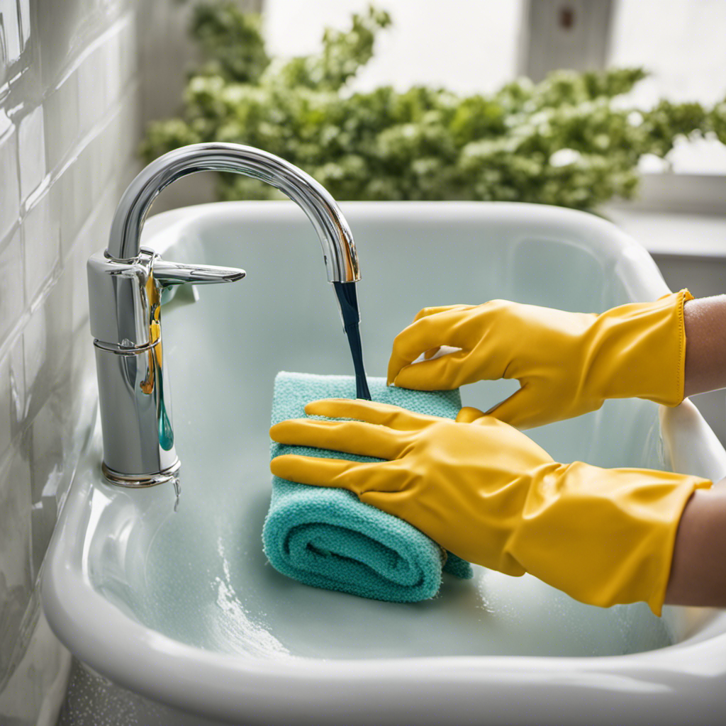 An image showcasing a pair of gloved hands vigorously scrubbing the surface of a stained bathtub