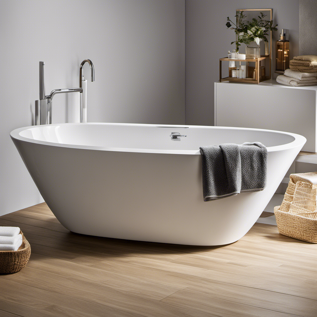 An image that showcases a sparkling clean bathtub, adorned with a protective barrier like a silicone mat or bathtub liner, and surrounded by a range of non-abrasive cleaning tools, such as a soft sponge, gentle scrub brush, and natural cleaning solutions