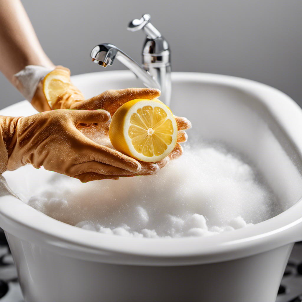 An image showcasing a sparkling white bathtub, with a close-up view of a pair of gloved hands gently scrubbing stubborn stains using a natural homemade cleaner, surrounded by ingredients like baking soda, vinegar, and lemon