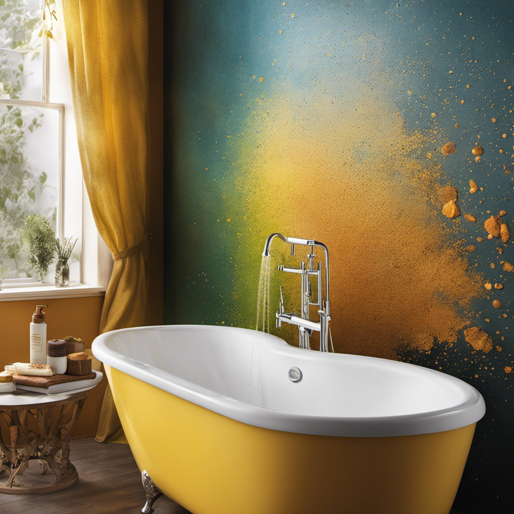 An image showcasing various types of bathtub stains: hard water spots, rust stains, mold and mildew, soap scum, and mineral deposits