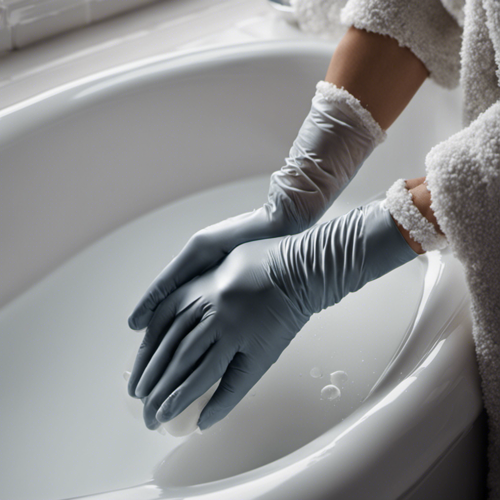 An image showcasing a pair of gloved hands delicately peeling off a stubborn bathtub sticker, revealing a gleaming, residue-free surface beneath