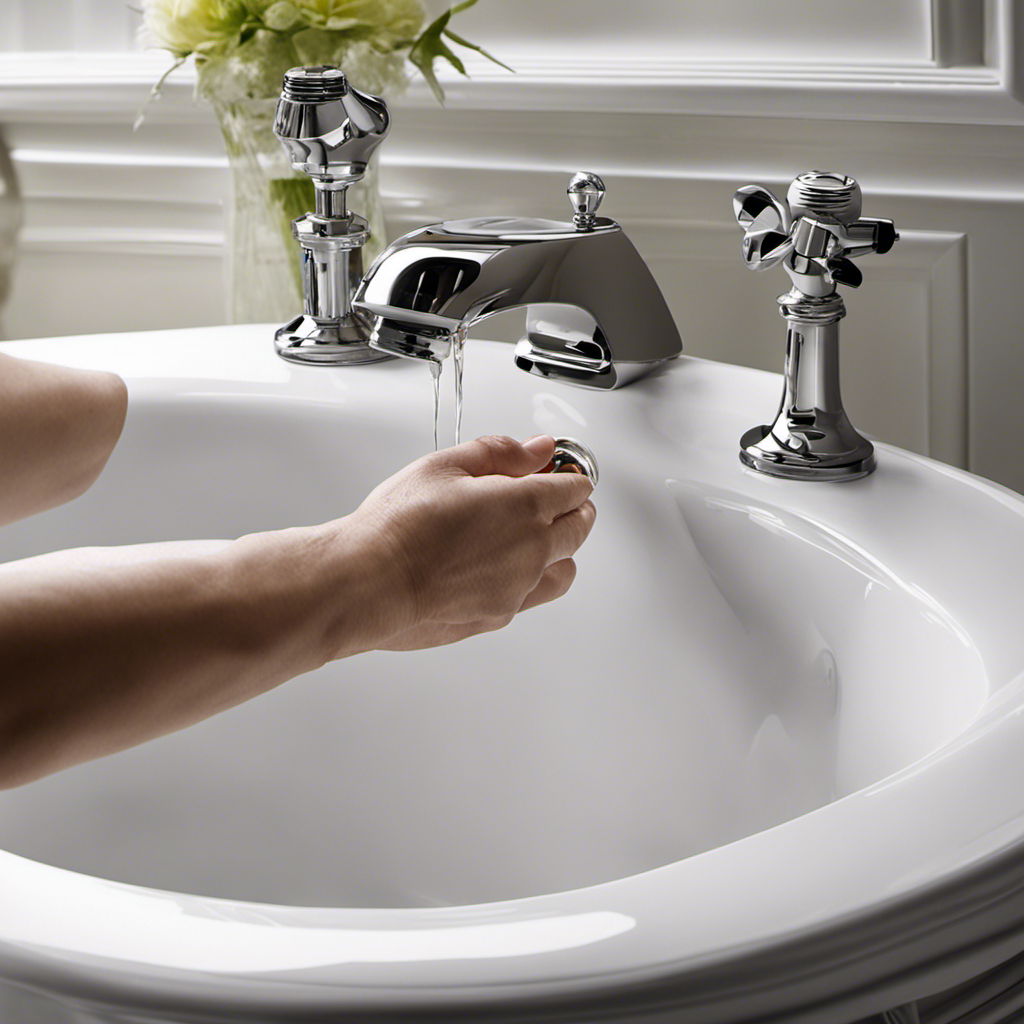 An image capturing the step-by-step process of removing a bathtub stopper: a gloved hand gripping the stopper knob, turning counterclockwise, lifting it out, revealing the drain beneath