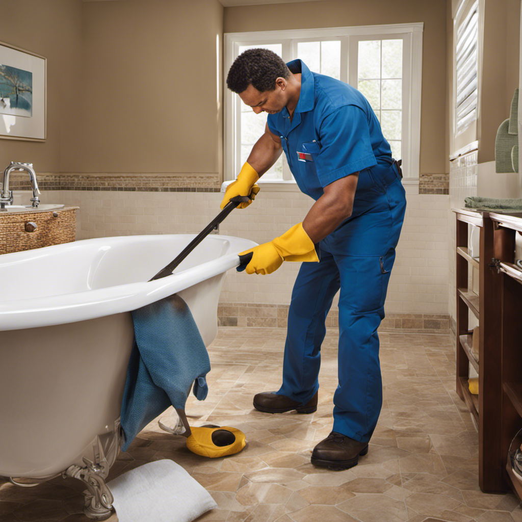 An image showing a step-by-step guide to removing a bathtub without damaging walls: a person wearing protective gloves and using a crowbar to carefully detach the tub from the floor, while protecting the surrounding tiles with a thick cloth