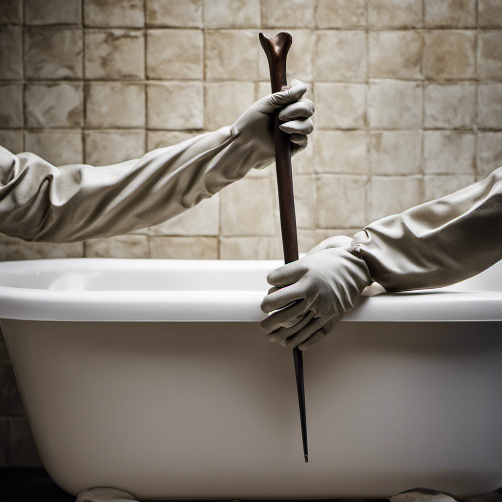 An image showcasing a pair of gloved hands gripping a pry bar, wedged under the edge of a worn-out bathtub