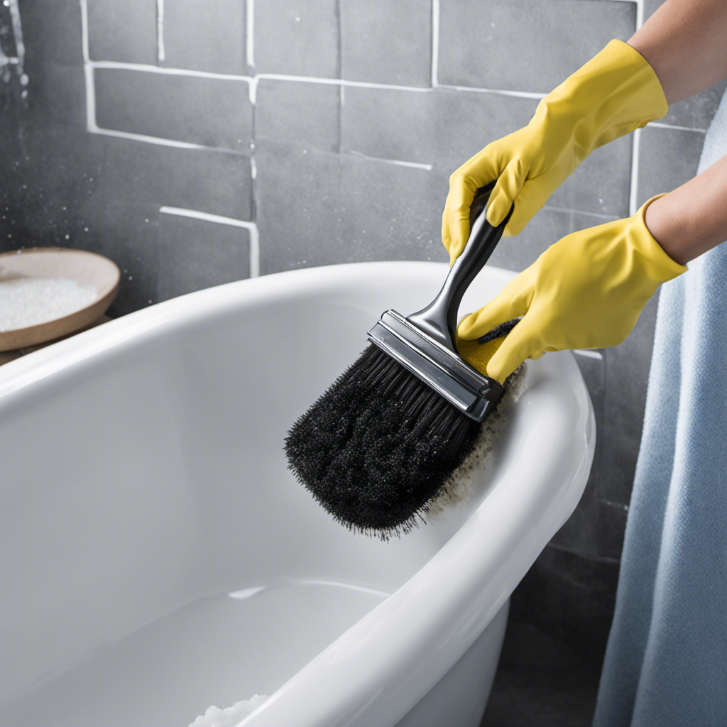 An image that depicts a gloved hand holding a scrub brush, vigorously scrubbing away black mold from the corners of a bathtub