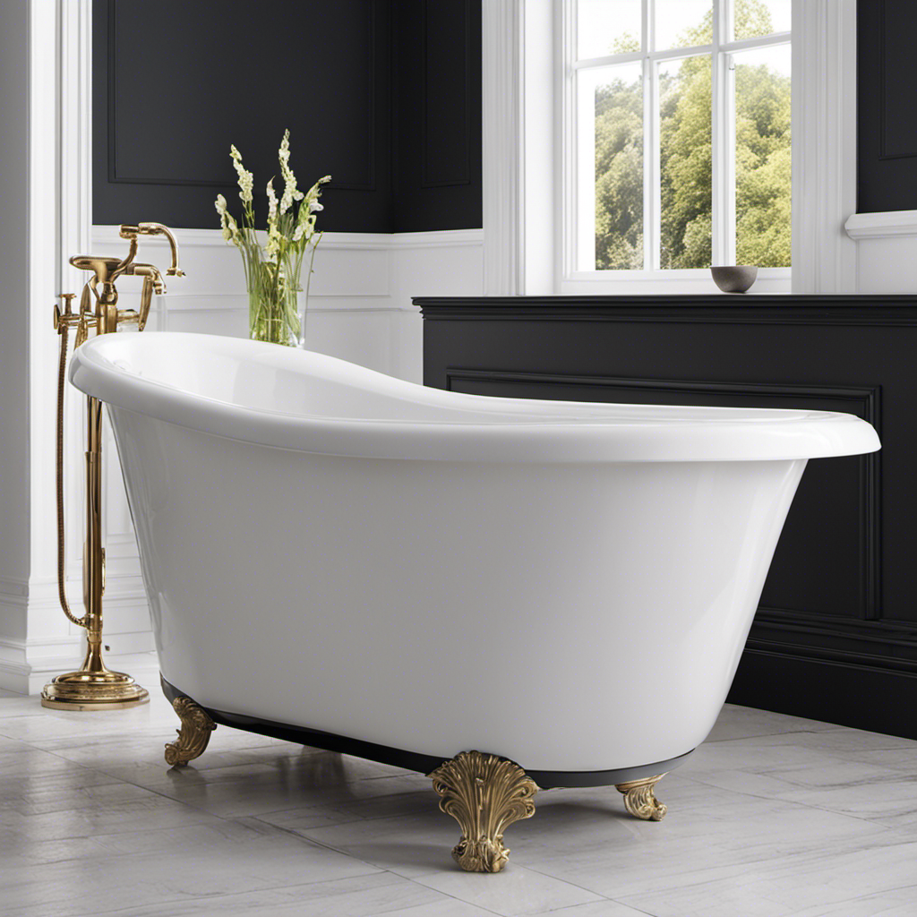 An image showcasing a sparkling white bathtub with black stains being effortlessly scrubbed away using a sponge and a powerful cleaning solution