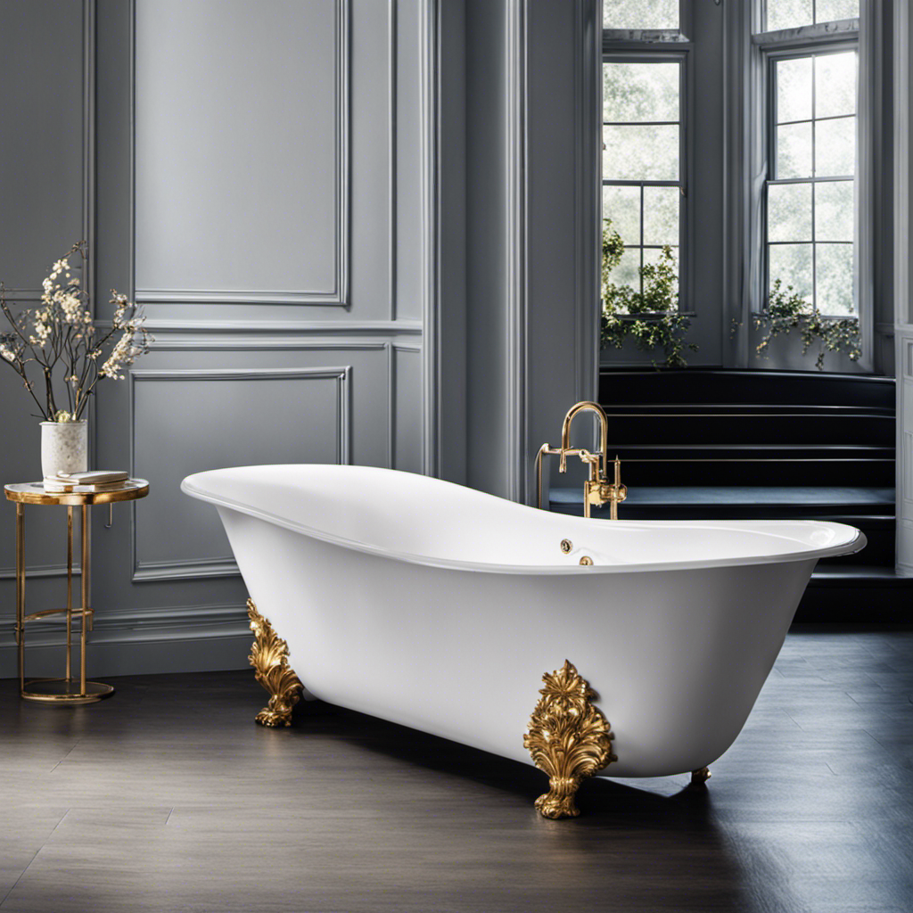 An image capturing a close-up of a white porcelain bathtub, showcasing a stubborn blue stain