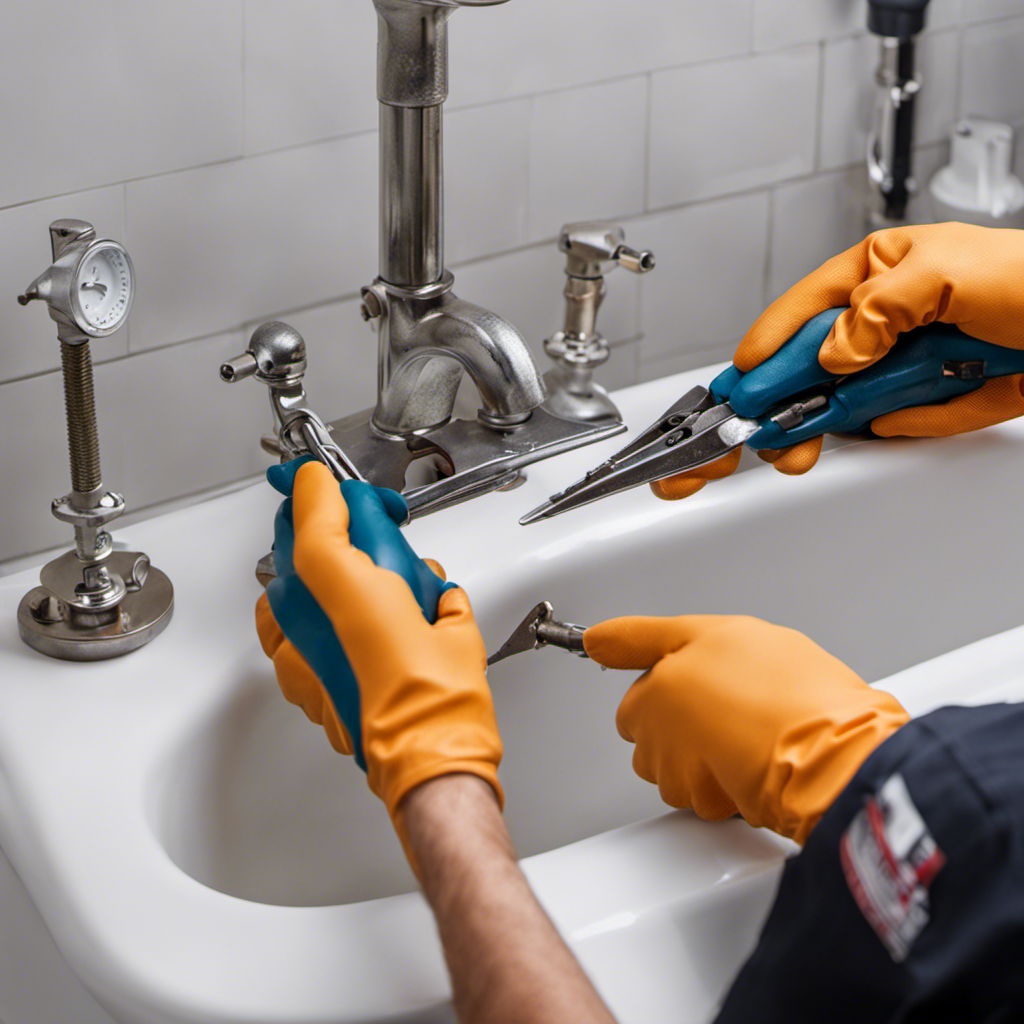 An image capturing a close-up view of a pair of gloved hands using pliers to carefully extract a broken bathtub drain