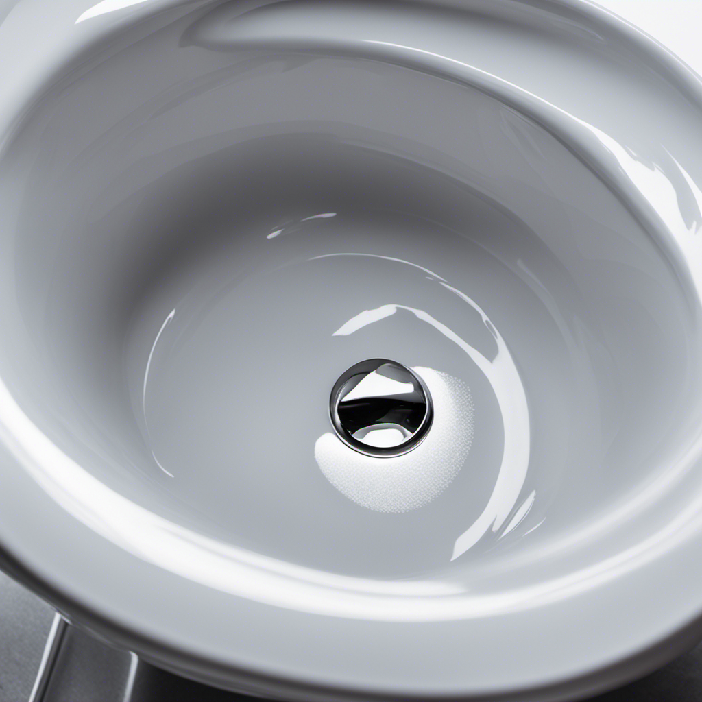 An image showcasing a close-up view of a sparkling clean white toilet bowl, devoid of any brown stains