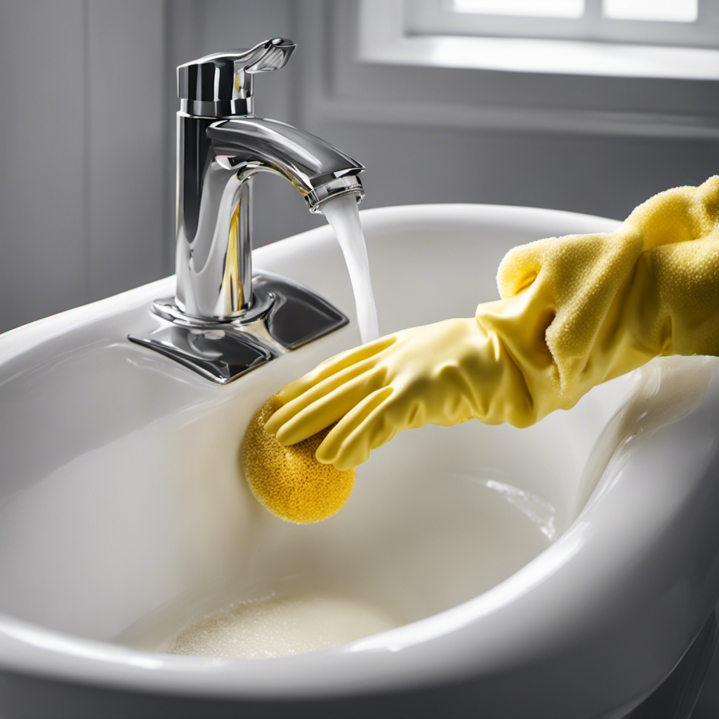 An image showcasing a gloved hand gently scrubbing a bathtub with a sponge, focusing on the accumulation of white, crusty calcium deposits around the faucet and drain, highlighting the cleaning process