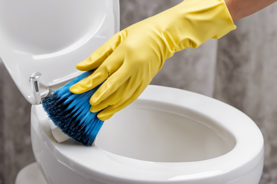An image showcasing a pair of gloved hands gently scrubbing a toilet bowl with a specialized brush, removing stubborn white calcium deposits