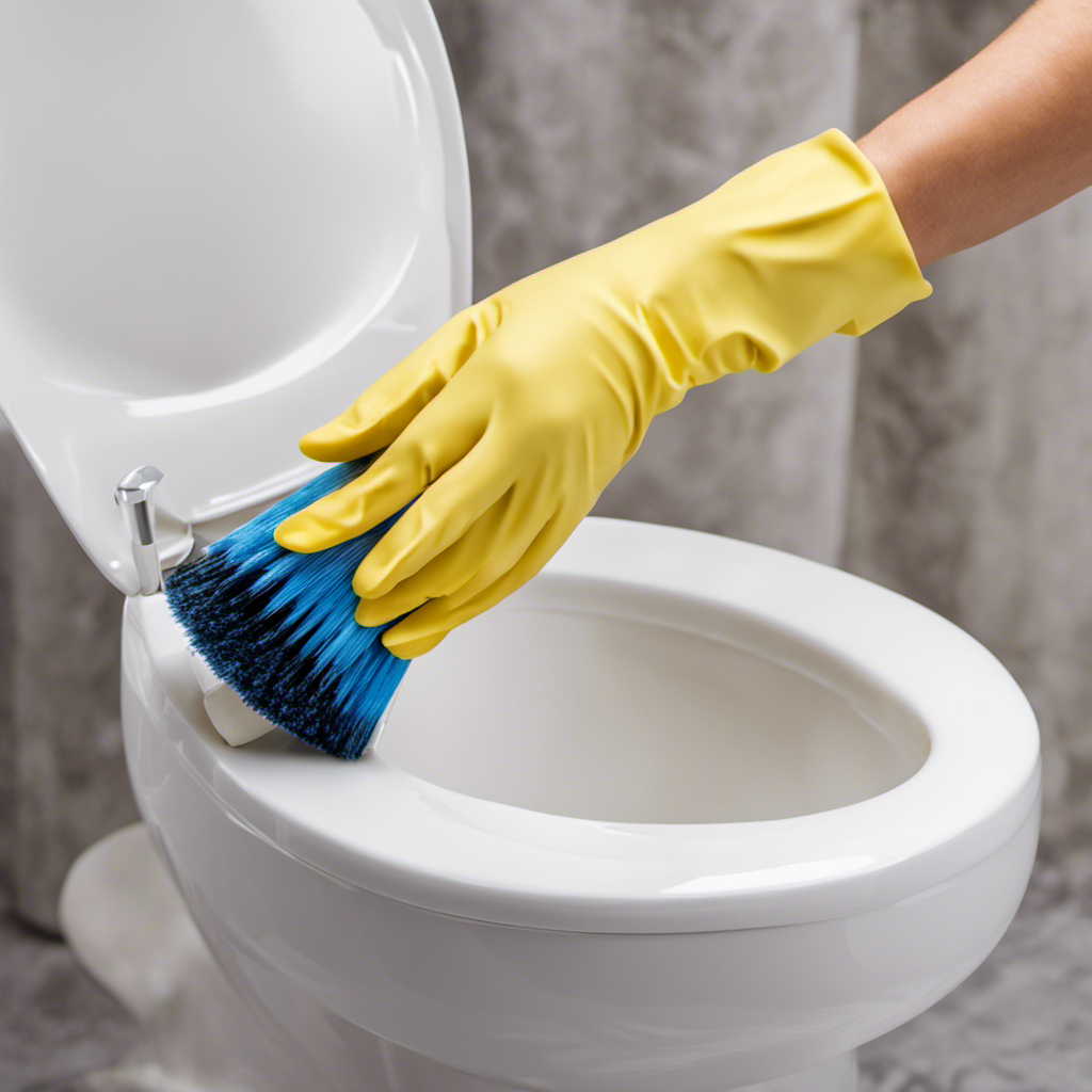 An image showcasing a pair of gloved hands gently scrubbing a toilet bowl with a specialized brush, removing stubborn white calcium deposits