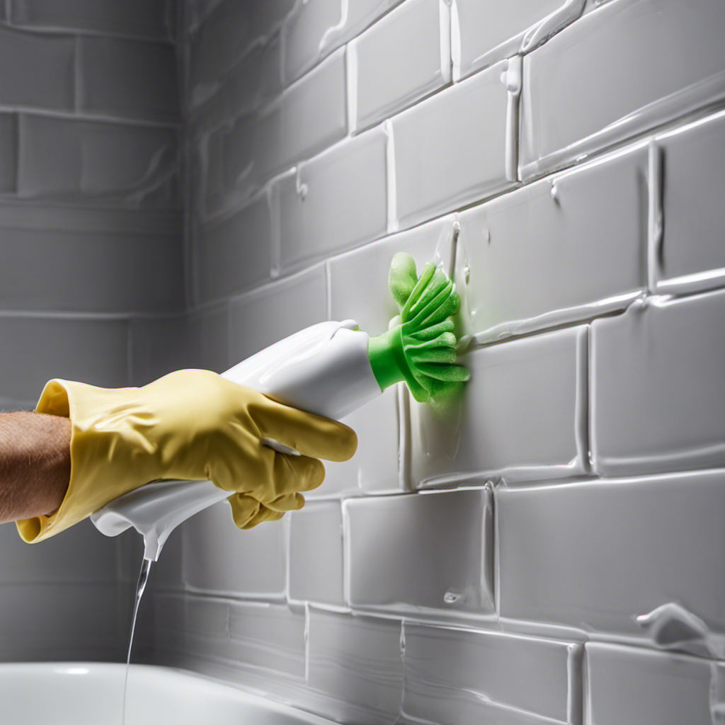 An image of a gloved hand gripping a plastic caulk scraper, carefully peeling away aged, cracked caulk from the bathtub's edge