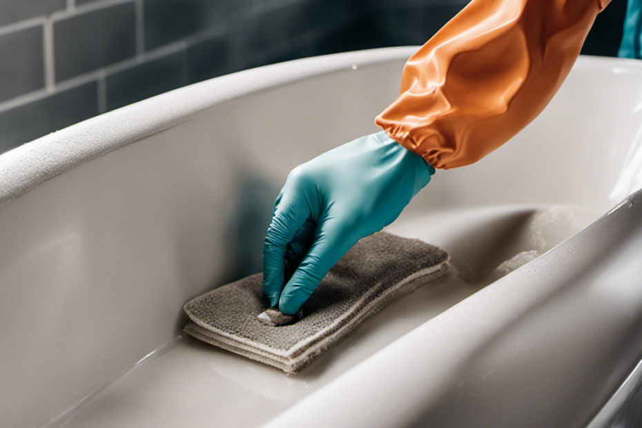 An image capturing a close-up of a gloved hand delicately scraping off stubborn, dried grout from the pristine surface of a bathtub using a specialized grout removal tool