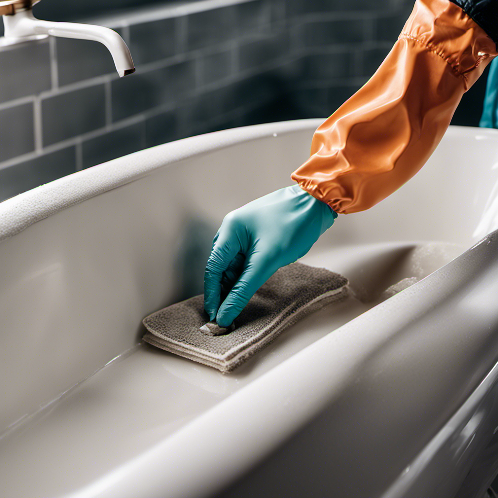 An image capturing a close-up of a gloved hand delicately scraping off stubborn, dried grout from the pristine surface of a bathtub using a specialized grout removal tool