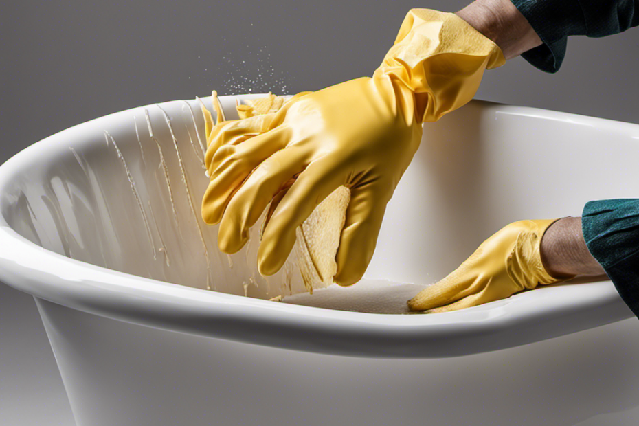 An image of a gloved hand gently scraping off hardened paint from an acrylic bathtub using a plastic putty knife