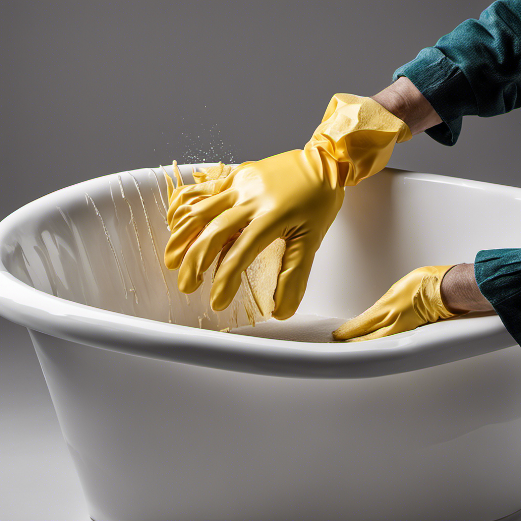 An image of a gloved hand gently scraping off hardened paint from an acrylic bathtub using a plastic putty knife
