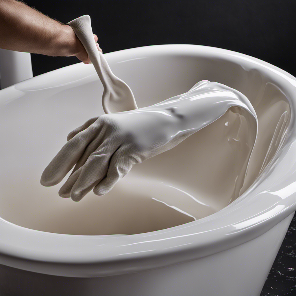 An image showcasing a gloved hand delicately scraping off dried paint from a glossy fiberglass bathtub, revealing the pristine surface underneath