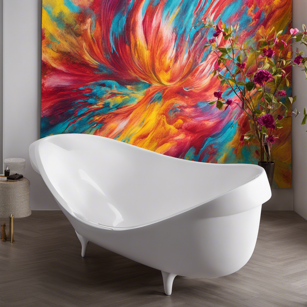 An image showcasing a pristine white bathtub with vibrant, colored dye stains