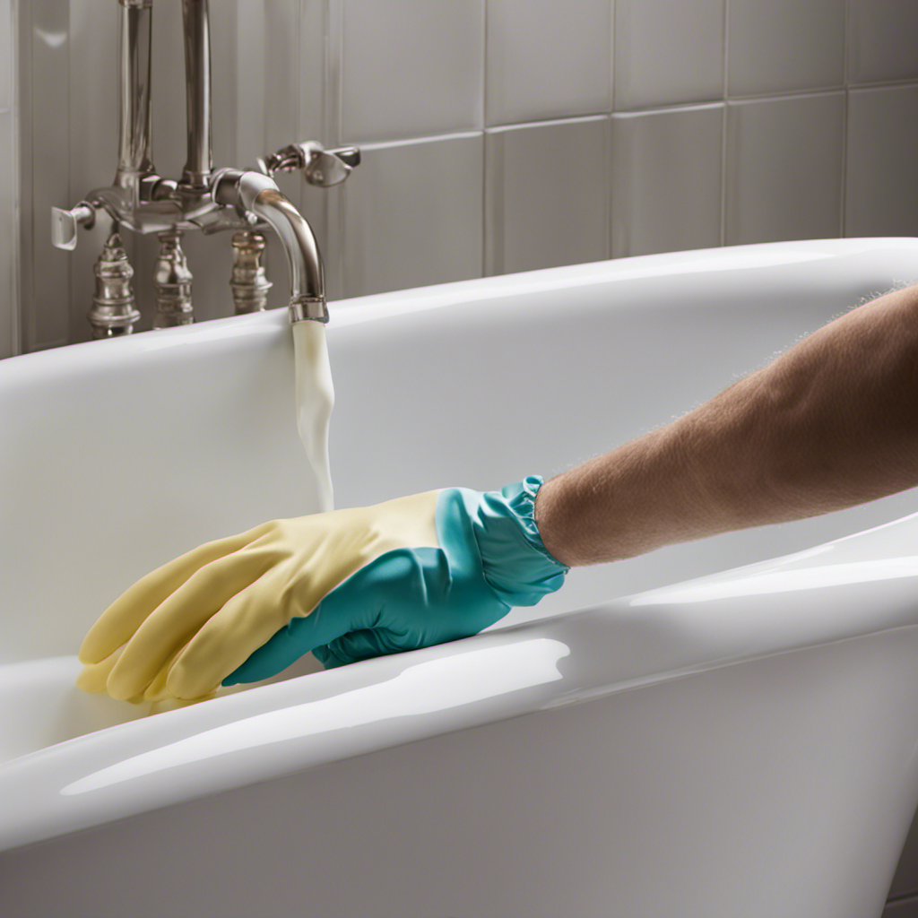 An image showcasing a person wearing protective gloves, armed with a scraper, gently removing layers of hardened epoxy paint from a bathtub's surface, revealing the smooth, pristine porcelain underneath