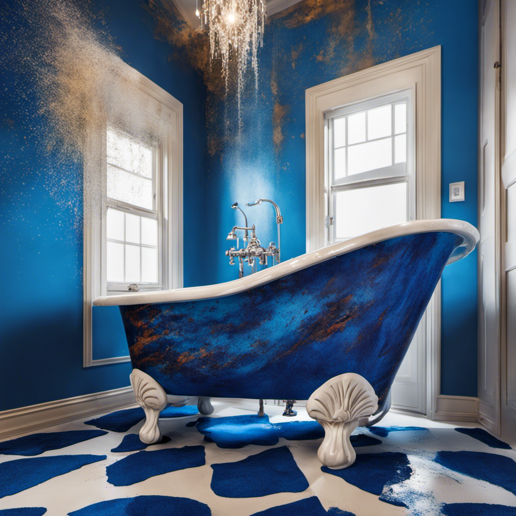 An image depicting a stained bathtub with vivid blue fabric dye splatters