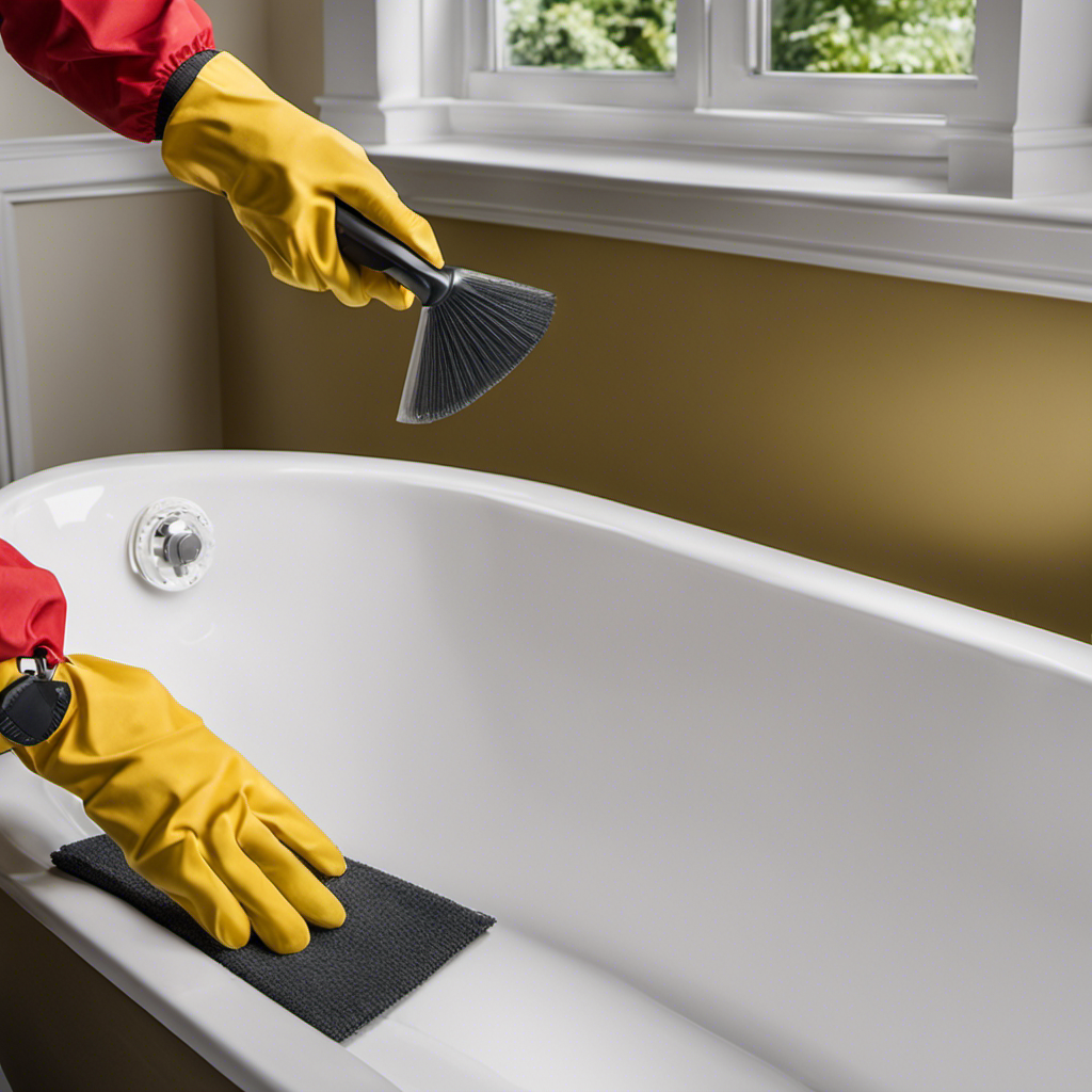 An image capturing a person wearing protective gloves and using a scraper to meticulously remove Flex Seal from a white porcelain bathtub; capturing the process step-by-step with close-up shots