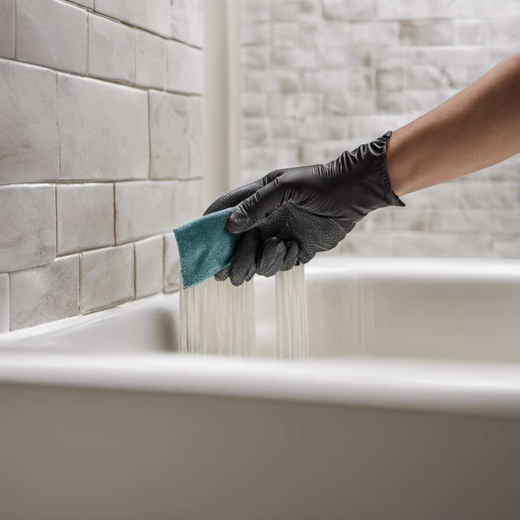 An image showcasing a close-up view of a gloved hand delicately scraping away old grout from the bathtub tiles, revealing the sparkling white surface underneath