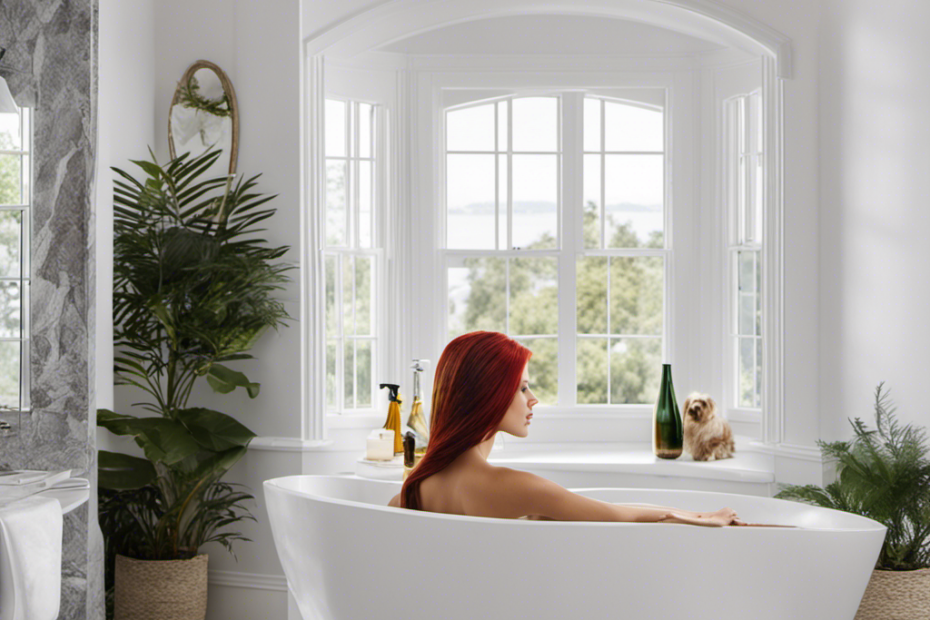 An image showcasing a pristine white bathtub marred by vibrant hair dye stains