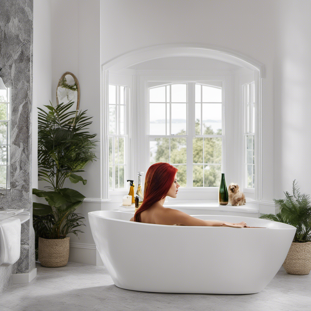 An image showcasing a pristine white bathtub marred by vibrant hair dye stains