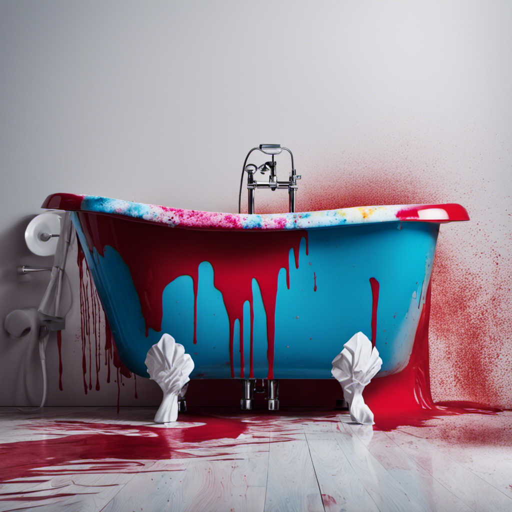 An image showcasing a stained bathtub with vibrant hair dye splatters covering its porcelain surface