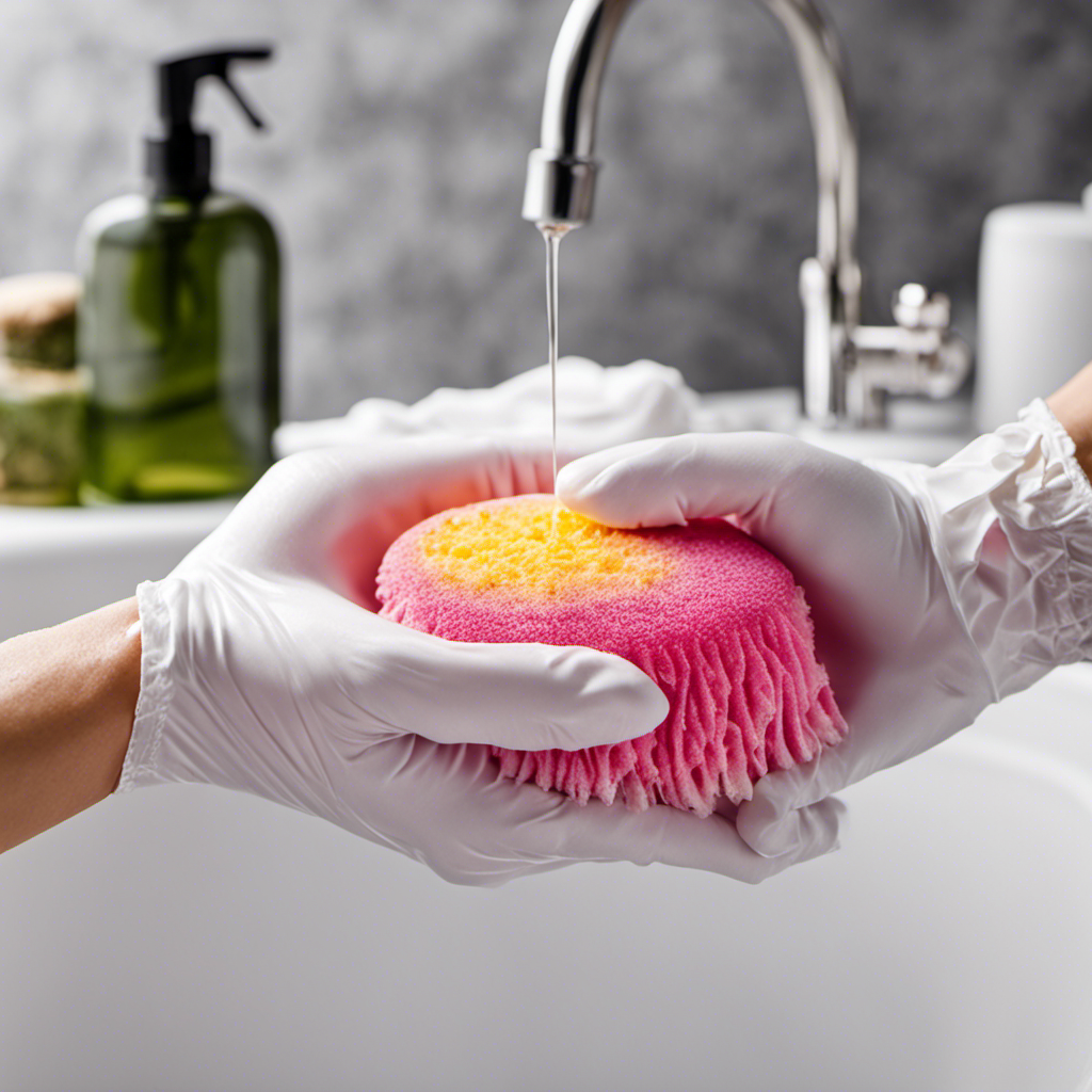 An image featuring a gloved hand holding a sponge soaked in a mixture of hydrogen peroxide and baking soda, gently scrubbing away vibrant hair dye stains from the smooth enamel surface of a pristine white bathtub