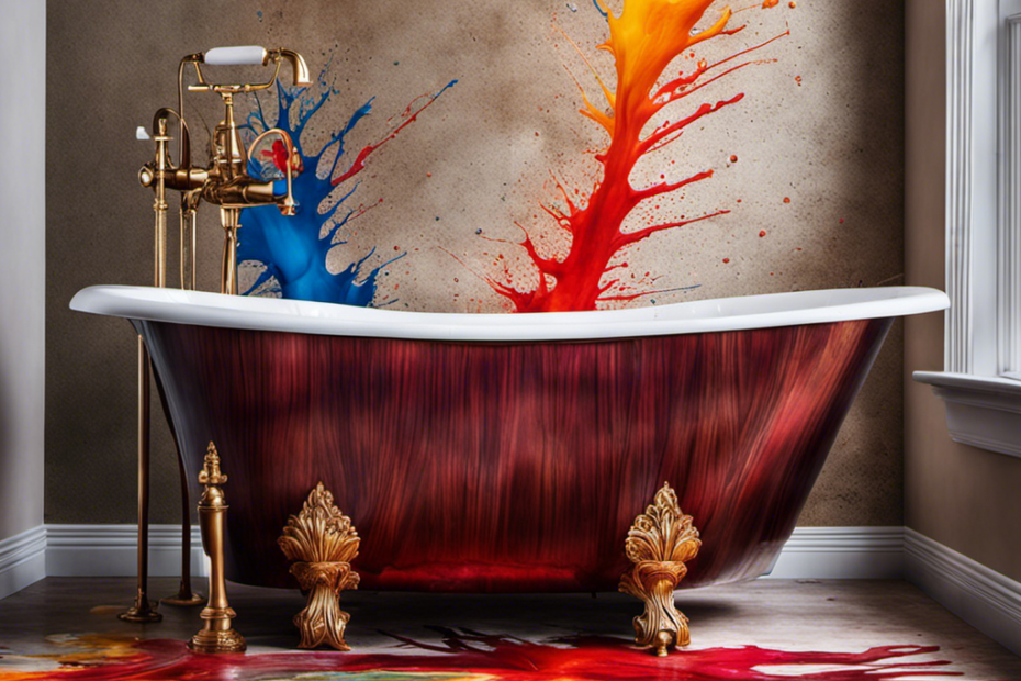 An image showcasing a stained bathtub with vibrant hair dye splatters