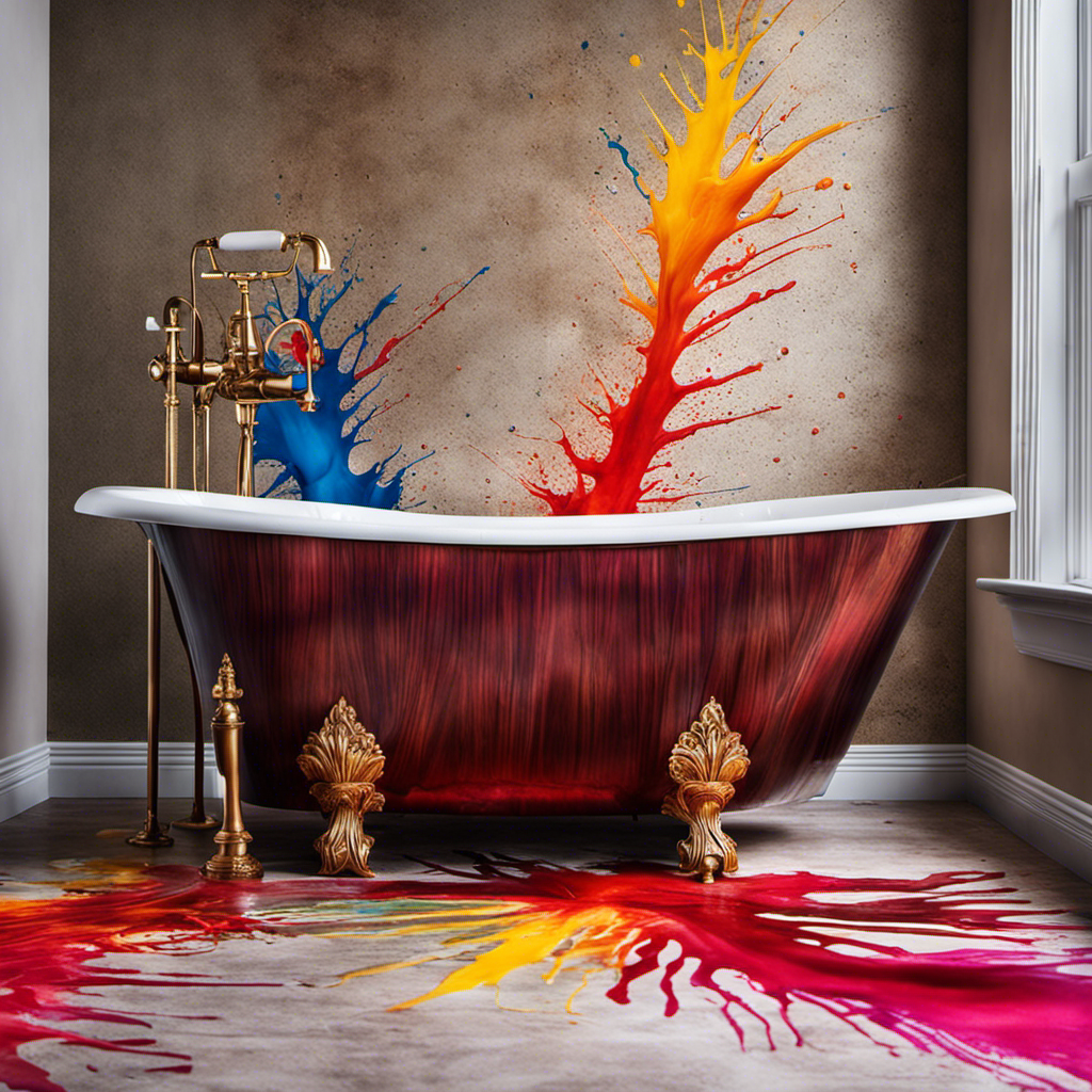 An image showcasing a stained bathtub with vibrant hair dye splatters