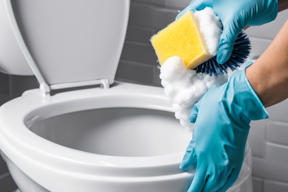 An image showcasing a gloved hand holding a scrub brush covered in white foam, vigorously scrubbing a toilet bowl stained with hard water deposits