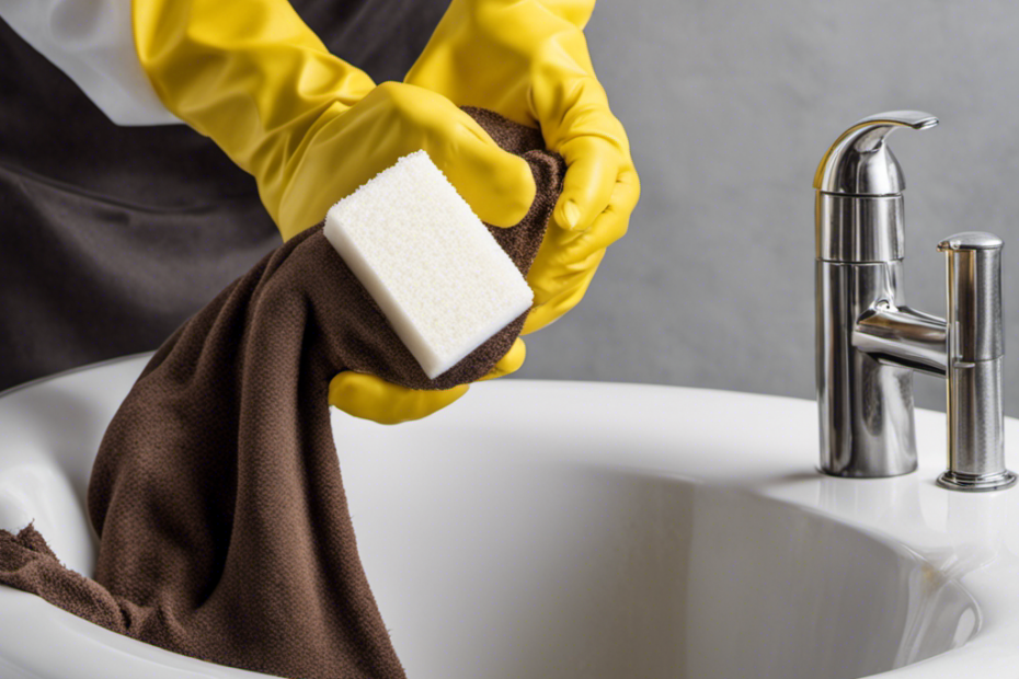 An image showing a person wearing yellow rubber gloves, holding a white sponge, and scrubbing a bathtub with dark brown iron stains