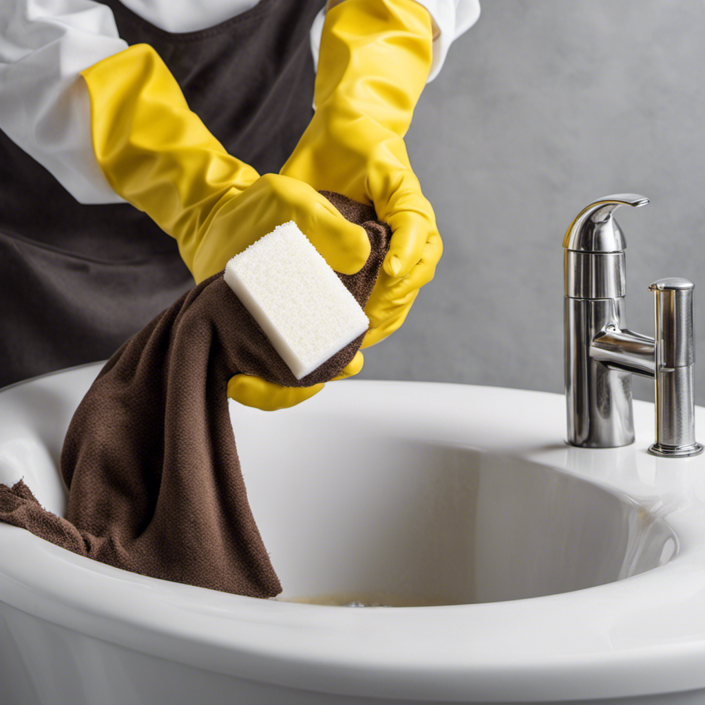 An image showing a person wearing yellow rubber gloves, holding a white sponge, and scrubbing a bathtub with dark brown iron stains