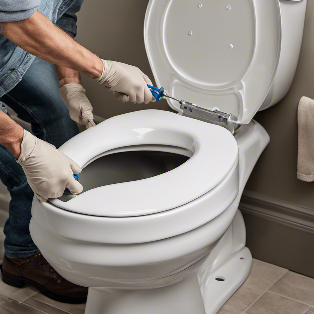 An image showcasing the step-by-step process of removing a Kohler toilet seat: hands wearing gloves grip the seat's hinges, a screwdriver loosens the bolts, and the seat is finally lifted off the toilet bowl