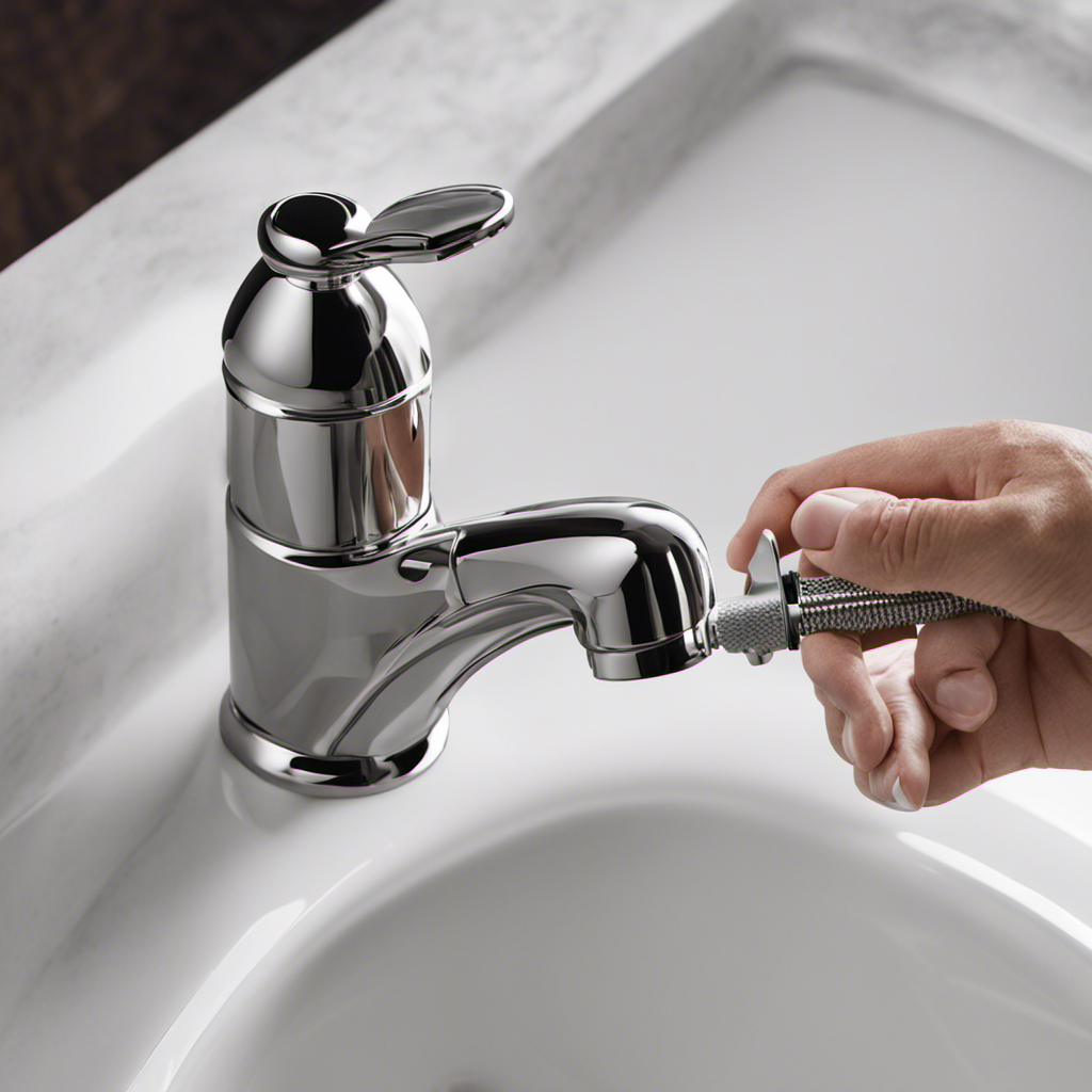 An image that showcases hands wearing protective gloves, gripping a wrench tightly around the base of a Moen bathtub faucet