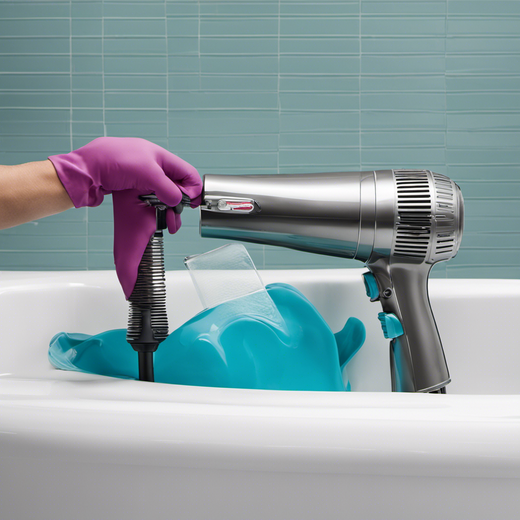 An image depicting a pair of gloved hands holding a hairdryer pointed at a corner of a bathtub, with non-slip stickers peeling off from the heat, revealing the clean and smooth surface underneath