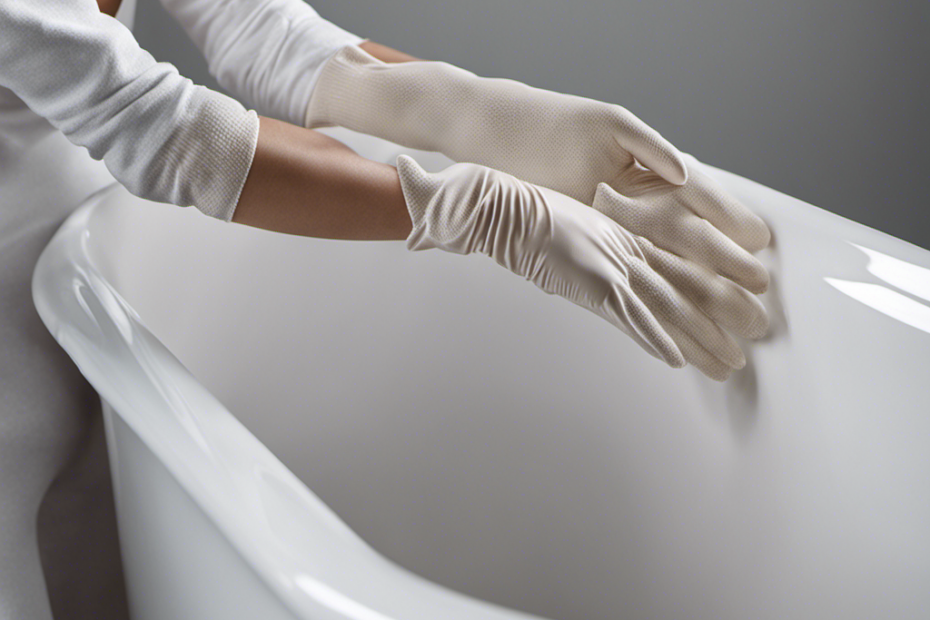An image showcasing a pair of gloved hands delicately peeling off non-slip strips from a bathtub's surface, revealing its smooth texture beneath
