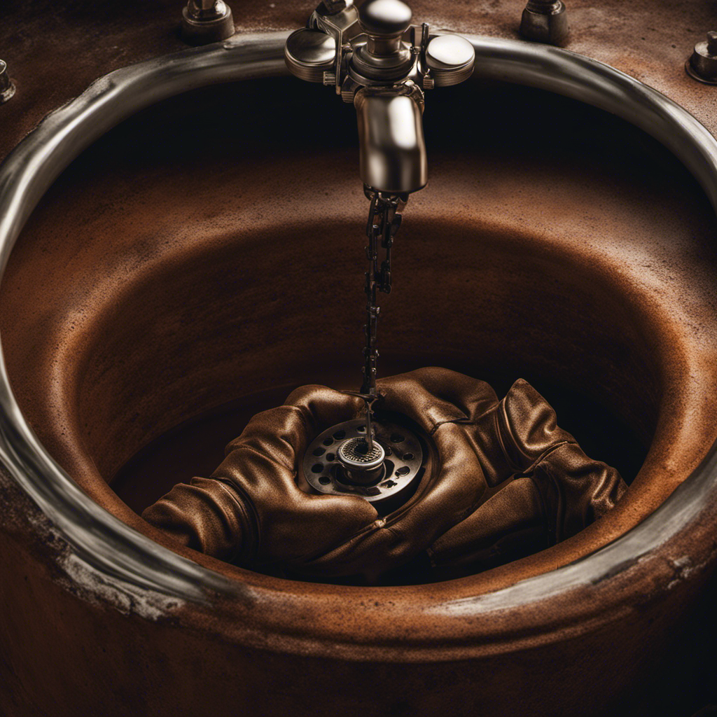 An image showcasing a pair of gloved hands gripping a rusted metal drain stopper, while a wrench is used to loosen the connecting nut beneath the bathtub, revealing the intricate plumbing system