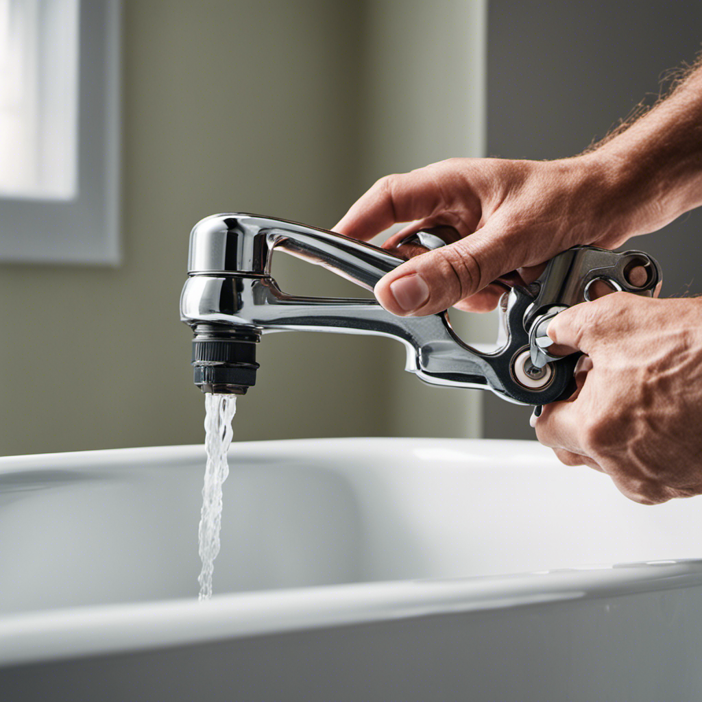 An image showcasing a close-up of hands using a wrench to unscrew the worn-out bathtub faucet