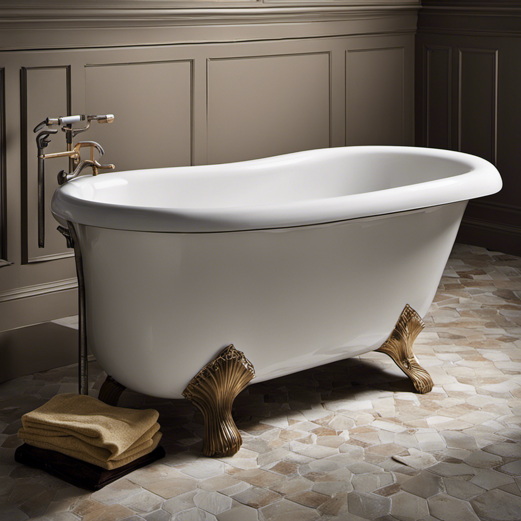 An image that illustrates the step-by-step process of removing an old bathtub: a person wearing protective gloves and goggles, using a wrench to disconnect the water supply, and using a crowbar to pry off the tiles surrounding the tub