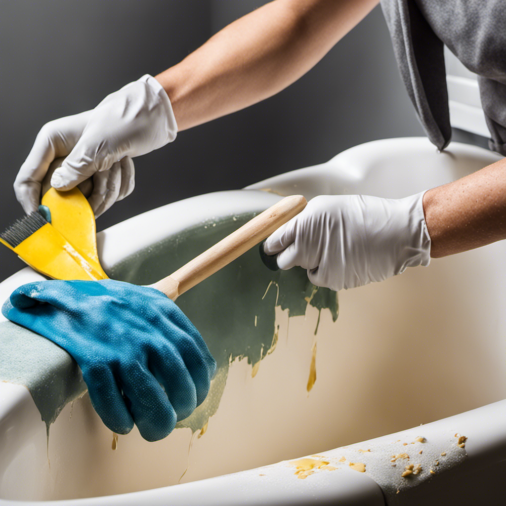 An image showcasing the step-by-step process of removing peeling bathtub paint: a gloved hand gently using a scraper tool to carefully peel off the cracked paint layer, revealing the smooth surface underneath