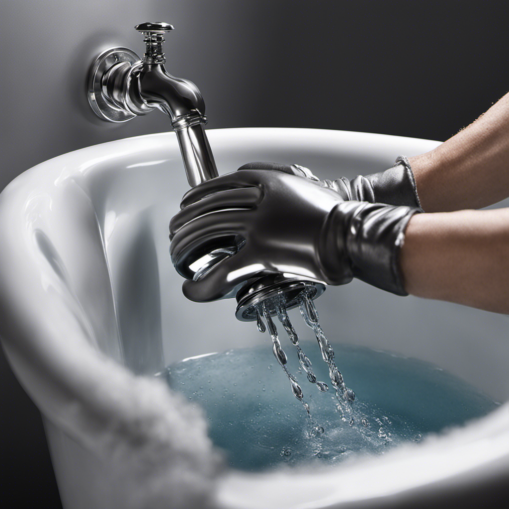 An image portraying a pair of gloved hands gripping a metal bathtub plug firmly