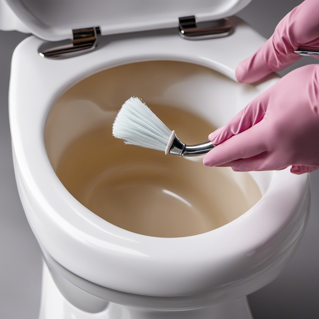 An image showcasing a gloved hand scrubbing a porcelain toilet bowl with a specialized toilet brush, focusing on the area around the waterline where an unsightly ring commonly forms, revealing a sparkling clean surface