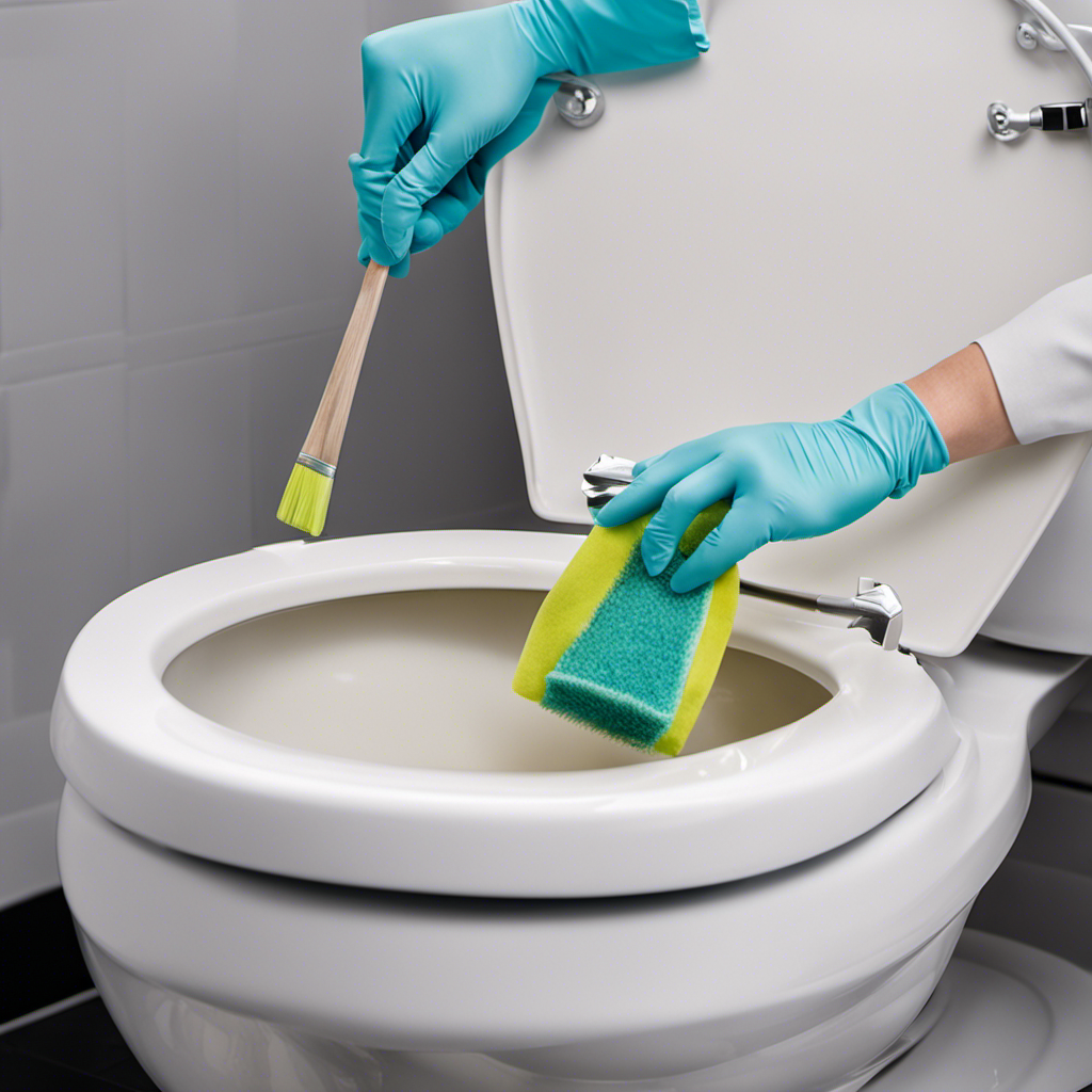 An image that showcases a close-up view of a gloved hand gently scrubbing a stubborn ring stain off the surface of a pristine toilet bowl, using a specialized cleaning brush and a powerful cleaning agent