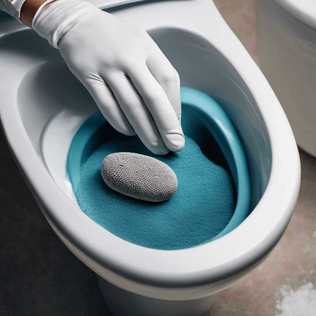 An image showcasing a close-up view of a gloved hand holding a pumice stone, gently scrubbing a stubborn ring in a toilet bowl, while water and cleaning solution bubble around it